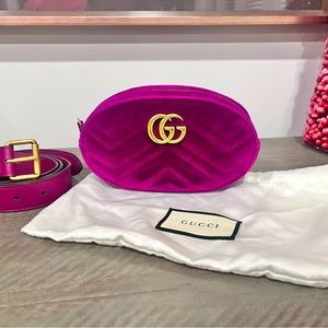 AUTHENTIC Gucci Velvet Matelasse GG Marmont Belt Bag Fuchsia 95 38